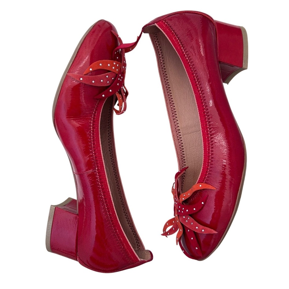 Hispanitas Red Patent Leather Low Block Heel Pumps Floral Size EU 36/US 5.5-6 - Picture 3 of 6